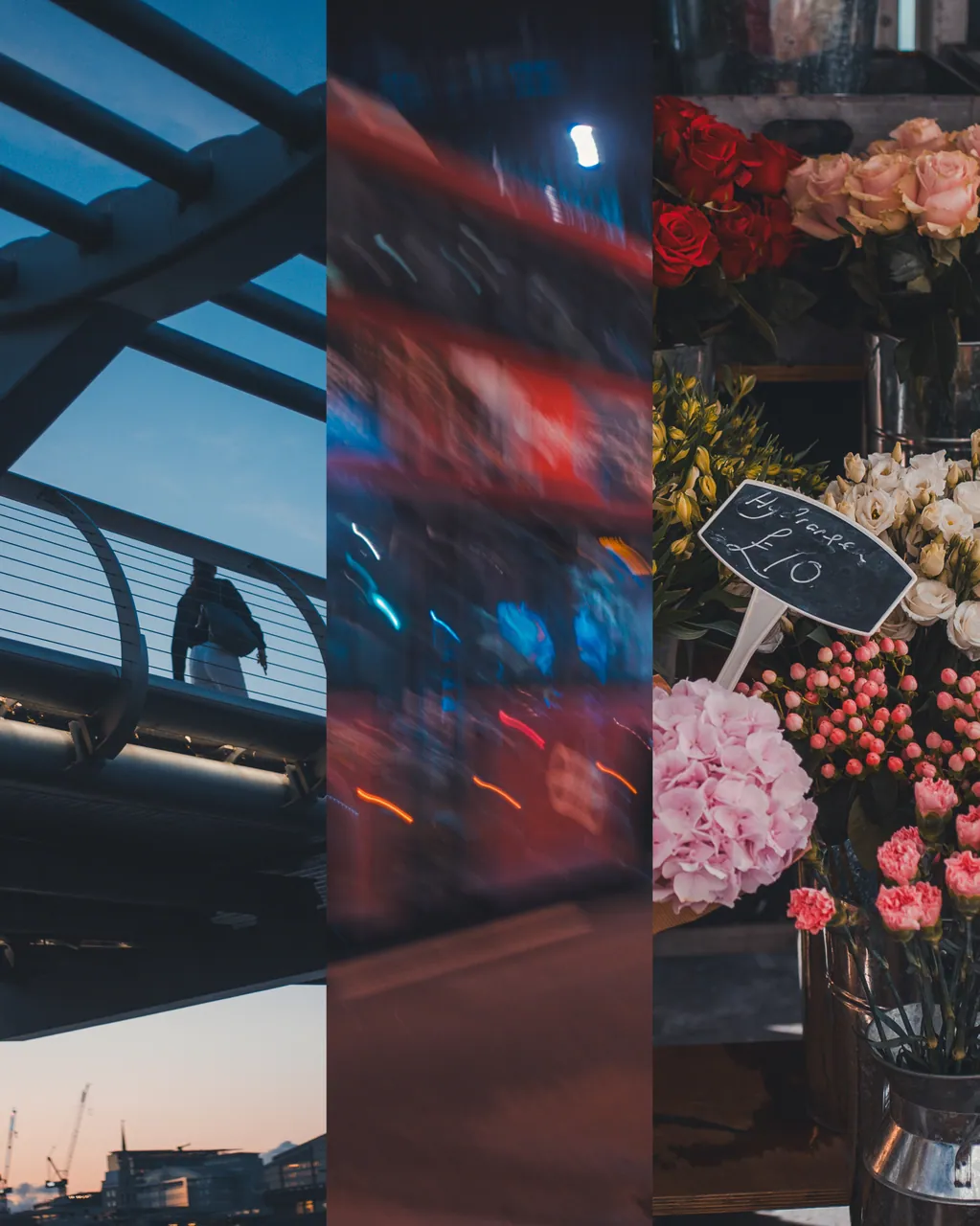 Collage de Londres: puente, bus y flores