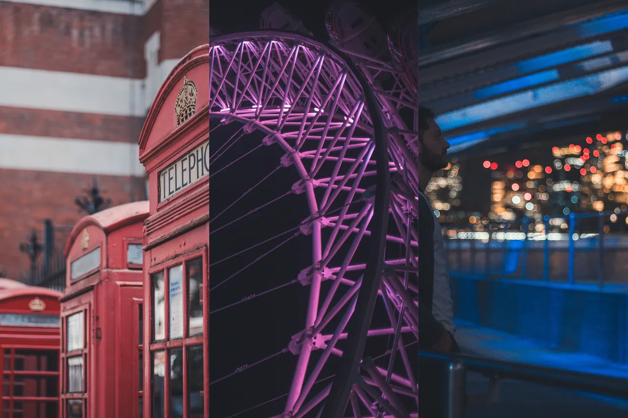 Collage de Londres: cabina, rueda y río