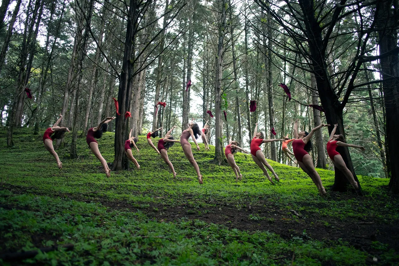 Grupo de bailarines en el bosque